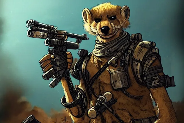 Image similar to a good ol'weasel fursona ( from the furry fandom ), heavily armed and armored facing down armageddon in a dark and gritty version from the makers of mad max : fury road. witness me.