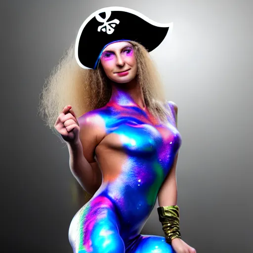 Prompt: a pirate, she is wearing iridescent bodypaint and futuristic space clothes
