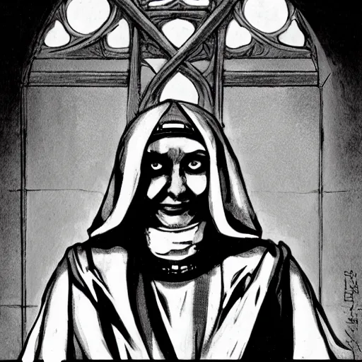 Prompt: A nun bathed in holy light, in a dusty cathedral. Aerial View, Dark Fantasy, Film Noir, Black and White. High Contrast, Mike Mignola, D&D, OSR