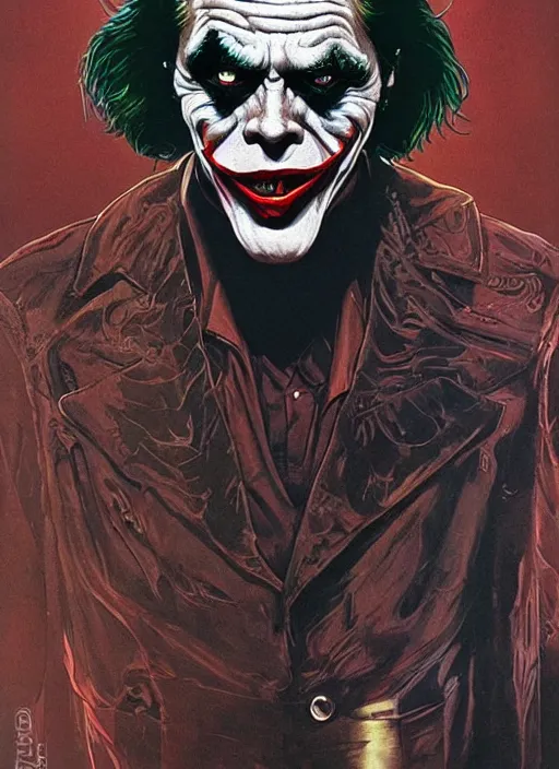 Image similar to willem dafoe as the joker, big smile, grotesque, horror, high details, intricate details, by vincent di fate, artgerm julie bell beeple, 1 9 8 0 s, inking, vintage 8 0 s print, screen print