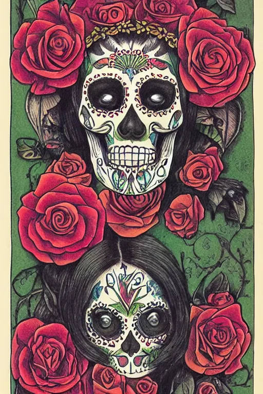 Prompt: Illustration of a sugar skull day of the dead girl, art by charles maurice detmold