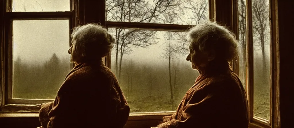 Image similar to portrait bust of old woman sitting at table, hands in pockets, looking outside, tired expression, faded color film, russian cinema, tarkovsky, technicolor, inside old cabin, next to window, heavy forest outside, long brown hair, old clothing, heavy fog, brown color palette, sunset, low light, hudson river school, 4 k, dramatic lighting