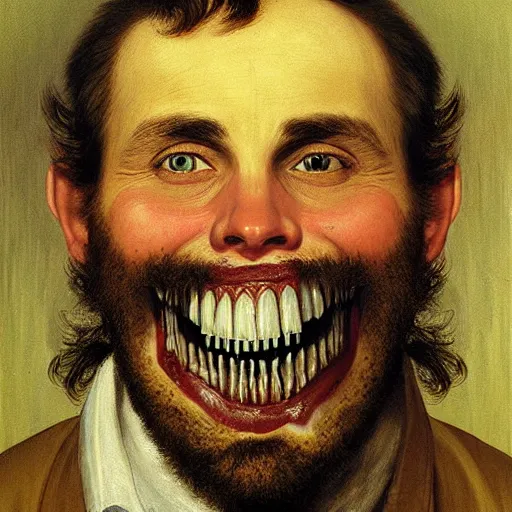 Prompt: dentist portrait of a dentist with large, giant teeth, rotten teeth, yellow, broken, cavities, moldy by Mark Brooks and Gustave Courbet