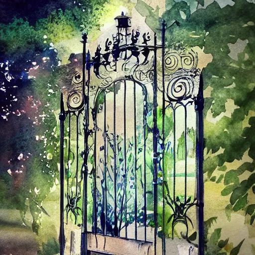 Image similar to delicate queen, chairs, garden, paved, botanic watercolors, iridescent, 8 k, realistic shaded, fine details, artstation, italian, iron gate, tree, mediterranean, marvelous