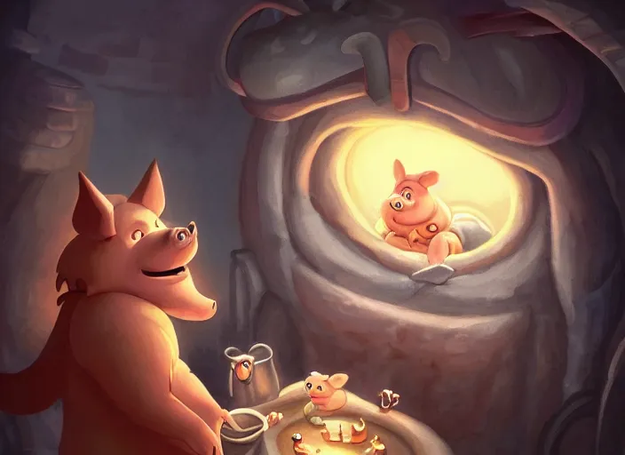 Prompt: a cartoonish cute big wolf is being cooked alive in a steaming hot giant cauldron inside a comfy home, while one cartoonish cute anthropomorphic pigs watch, warm lighting, magical atmosphere, trending on artstation, 30mm, by Noah Bradley trending on ArtStation, deviantart, high detail, stylized portrait H 704