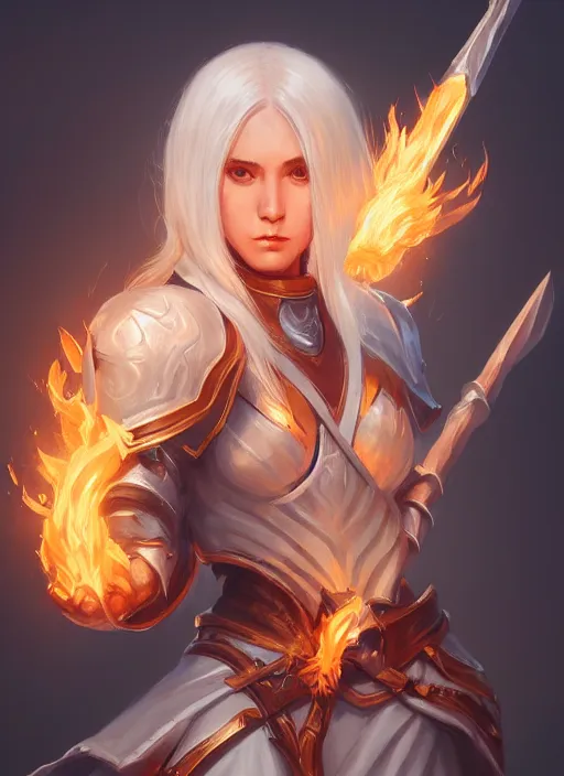 Prompt: a highly detailed illustration of beautiful platinum blonde nun wielding giant flaming wooden lance, powerful wielding wooden lance pose, perfect face, intricate, elegant, highly detailed, centered, digital painting, artstation, concept art, smooth, sharp focus, league of legends concept art, wlop.