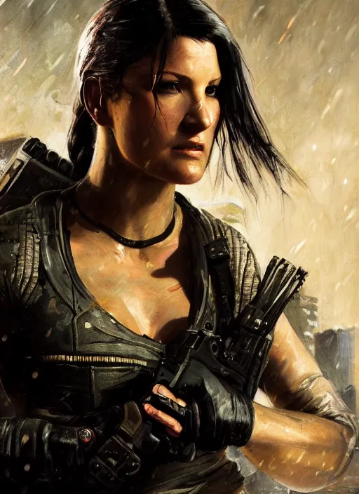 Image similar to gina carano. cyberpunk mercenary in a military vest ( blade runner 2 0 4 9, cyberpunk 2 0 7 7 ). orientalist portrait by john william waterhouse and james gurney and theodore ralli and nasreddine dinet, oil on canvas. cinematic, hyper realism, realistic proportions, dramatic lighting, high detail 4 k