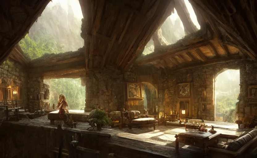 Image similar to painting of a series of opposing living quarters overlooking a greatroom carved inside a mountain, lush garden with hot spring between, cozy bed, well maintained, clean, medieval, fantasy genre, natural light, fantasy, natural light, concept art, by greg rutkowski and craig mullins, cozy atmospheric and cinematic lighting, trending on artstation