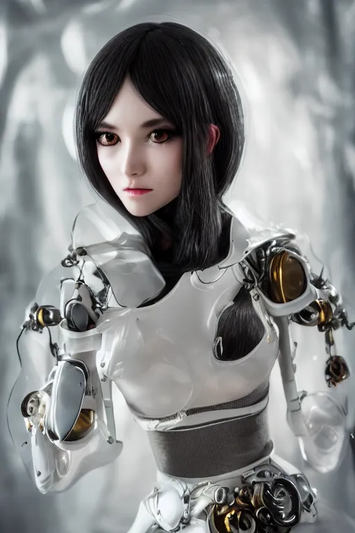 Prompt: very up close portrait, of fashion elegant sophisticated of a translucent cute dainty cyborg lolita girl ， big grey eye, white inflatable carbon fibre bandage jacket, ultra detailed wire decoration, complex golden future mechanical device, micro detail, by nixeu and guweiz weta, sleek curves, intricate sharp focus, trending on artstation hq, deviantart, pinterest, unreal engine