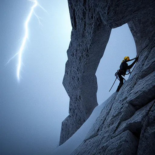 Image similar to climber, extreme cold, storm, octane rendering, volumetric lightning, hyperrealism, no blur, 4 k resolution, ultra detailed