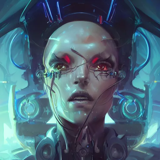 Prompt: a portrait of a satanic cybernetic illuminati occultist, cyberpunk concept art by pete mohrbacher and wlop and artgerm and josan gonzales, digital art, highly detailed, intricate, sci-fi, sharp focus, Trending on Artstation HQ, deviantart, unreal engine 5, 4K UHD image