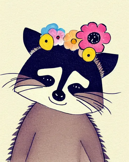 Image similar to a minimalist storybook illustration of a smiling happy cute raccoon wearing a flower crown, by antoine de saint - exupery and annabel kidston and naomi okubo and jean - baptiste monge. a child storybook illustration, muted colors, soft colors, low saturation, fine lines, white paper