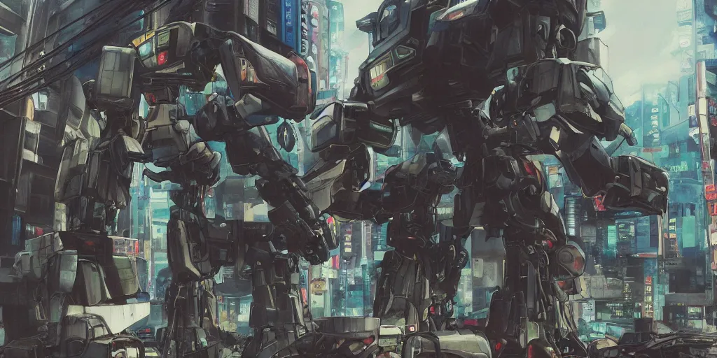 Image similar to a giant robot mecha lies broken in a deserted shinjuku junk town, anime, watercolor, ghost in the shell, soft bloom lighting, paper texture, movie scene, cyberpunk, animatronic, black smoke, pale, beige sky pencil marks, hd, 4k, remaster, dynamic camera angle, deep 3 point perspective, fish eye, dynamic scene