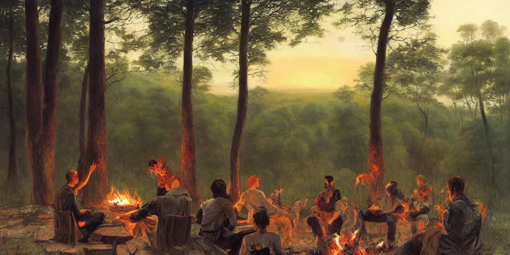 Prompt: lourmarin, dense forest, dusk, sunset, campfire, horizontal symmetry inception good composition artstation illustration sharp focus, vista painted by ruan jia raymond swanland lawrence alma tadema zdzislaw beksinski norman rockwell tom lovell alex malveda greg staples