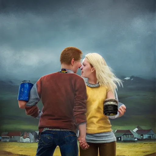 Image similar to a highly detailed side portrait of a young couple from the side, holding a tin can, remote icelandic village, summer, jeans and t shirt, blonde hair, muted colors, by tom bagshaw, trending on artstation,