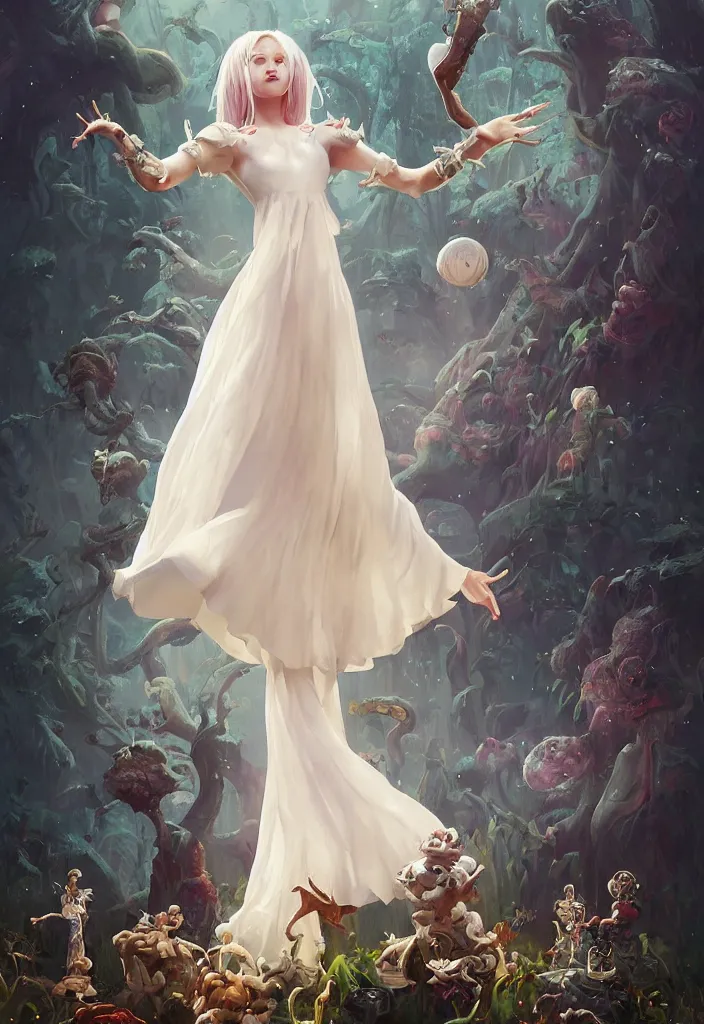 Image similar to full body picture of a white dress witch, standing on a floating greed cubes with monster companions, model pose, very brightening eyes, huge magic circles on the hand, magic and fantasy, extremely beautiful and aesthetic and detailed cute face, specular reflection, occlusion shadow, intricate, masterpiece, by ilya kuvshinov and jeremy lipking and quentin mabille