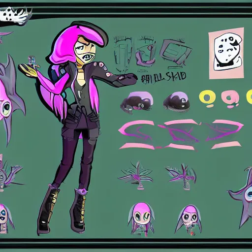 Image similar to official character sheets for a new laid back vampire squid character, artwork in the style of splatoon from nintendo, art by tim schafer from double fine studios, edgy original character color palette from the early two thousands, black light, neon, spray paint, punk, tall thin frame, adult character, fully clothed, colorful