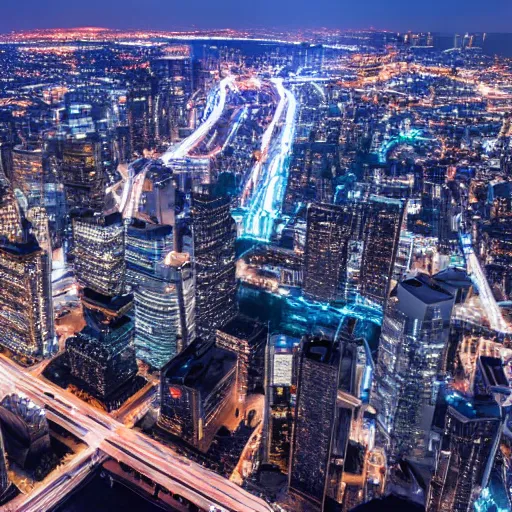 Image similar to nighttime cityscape photo shot from helicopter ultradetailed 8 k