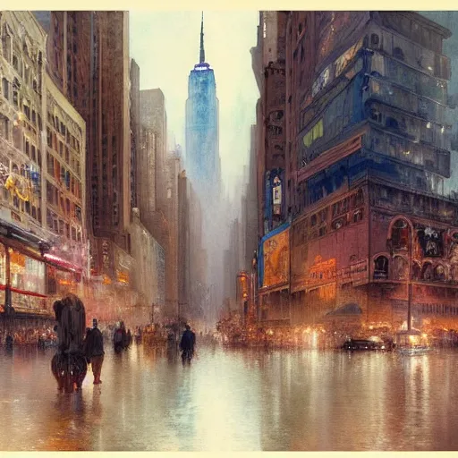 Image similar to a beautifull intricate watercolour painting of a new york city scene, reflexions, verry high details by william turner art, greg rutkowski and alphonse mucha, trending on artstation, very very detailed, masterpiece, muted colors