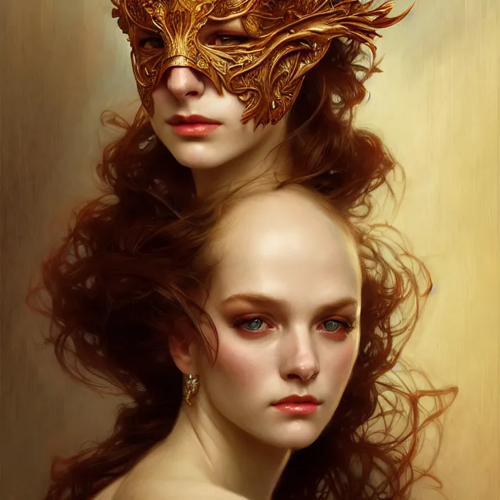 Image similar to removing mask under another mask, diffuse lighting, fantasy, intricate, elegant, highly detailed, lifelike, photorealistic, digital painting, artstation, illustration, concept art, smooth, sharp focus, art by John Collier and Albert Aublet and Krenz Cushart and Artem Demura and Alphonse Mucha