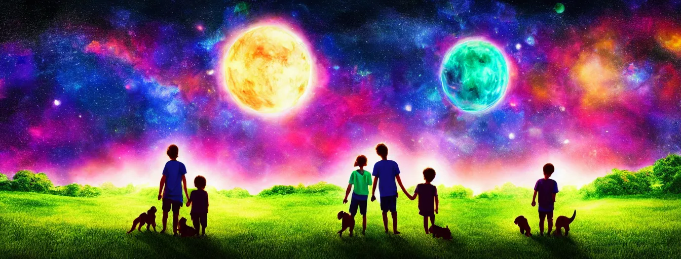 Image similar to rear view of a young couple and a kid holding hands, with a dog sitting next to them in a small green planet looking to the night sky displaying an entire colorful universe, digital art, epic, colorful, highly detailed