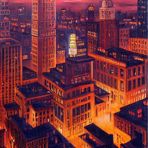 Prompt: muted color ultra realistic painting of 1 9 2 5 boston downtown at night viewed through distorted glass, aerial view, dark, brooding, night, atmospheric, horror, cosmic, ultra - realistic, smooth, highly detailed in the style of clyde caldwell