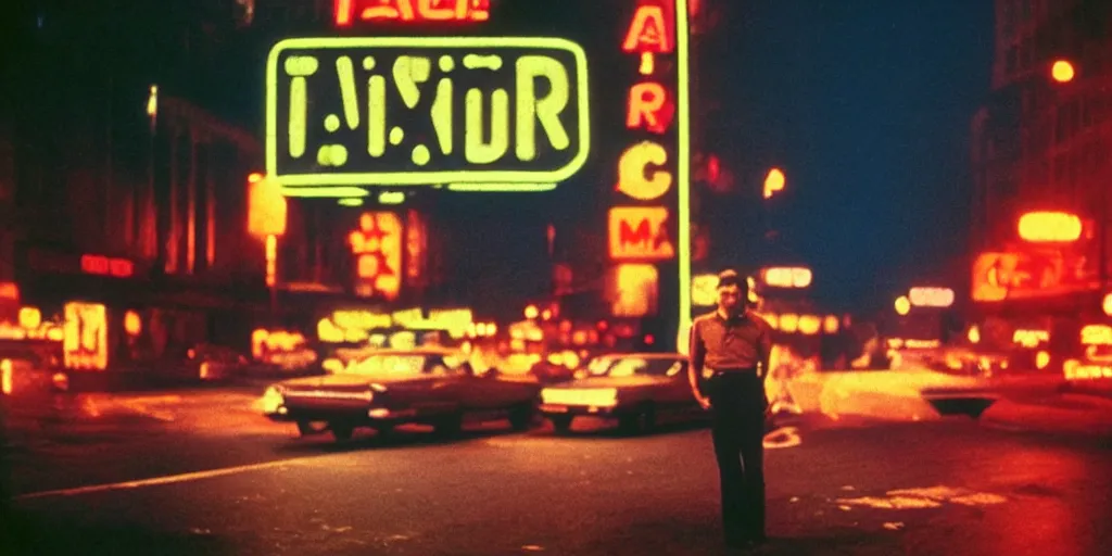 Image similar to 8 0 s polaroid photo, cinema still from movie taxi driver, robert de niro watching night streets, neon signs, colorful haze, americana, high production value, 8 k resolution, hyperrealistic, photorealistic, high definition, high details, tehnicolor, award - winning photography, masterpiece, amazing colors