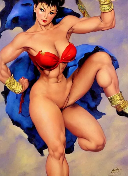 Image similar to oil painting of Chun Li by frank frazetta alluring pin up deviant art