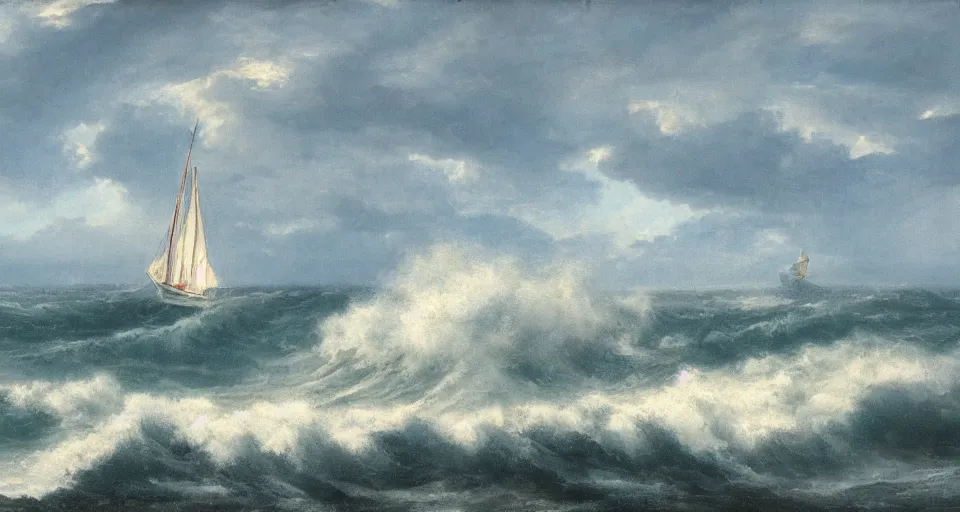 Image similar to ocean landscape with stormy waves and a sailboat in the foreground and a shining island in the background