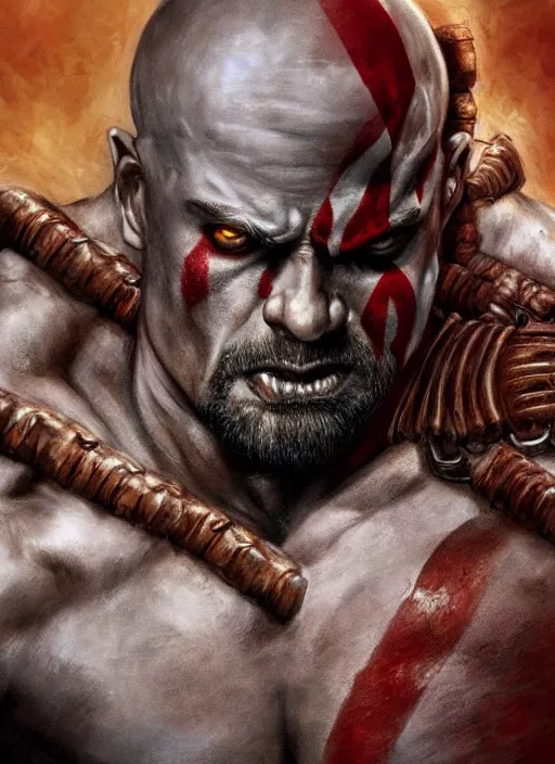 Image similar to a highly detailed beautiful portrait of dwayne johnson kratos hybrid god of war fighting zombies on a pile of human skulls, spartan warrior, olympian god, muscular!, frank frazetta, boris vallejo, octane, fantasy