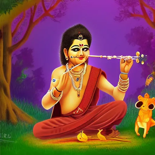 Image similar to photorelastic ,Young Krishna playing flute in forest and all animals listen his melodious music , Zoom out ,artstation, devainart ,illustration, scenery,