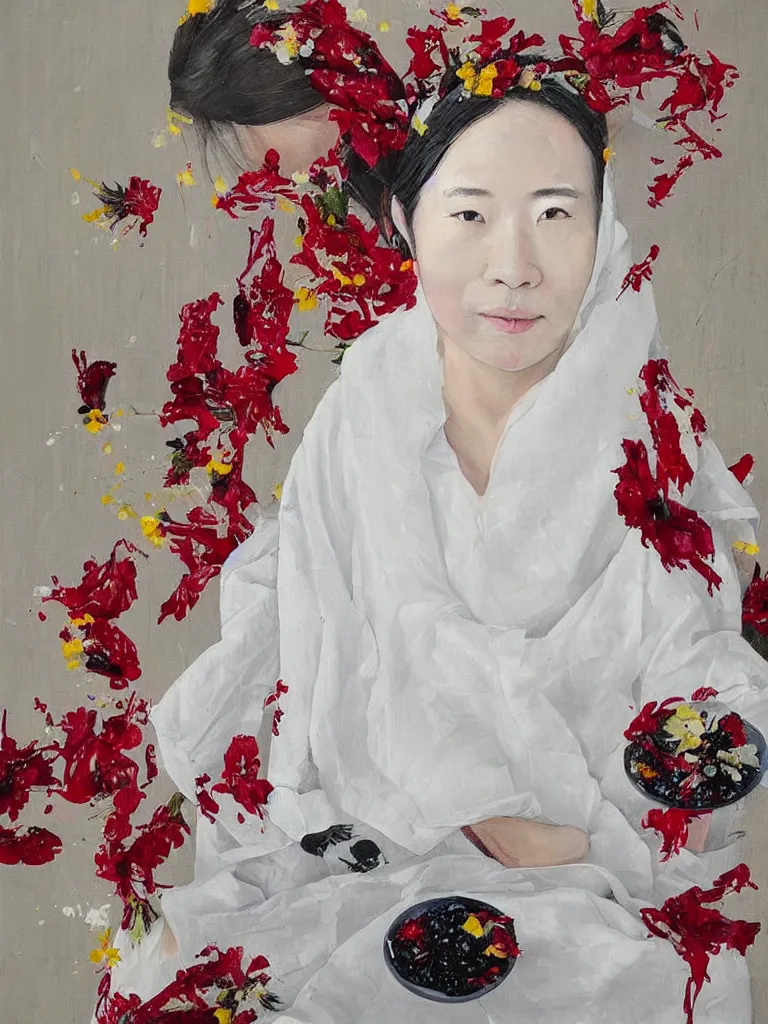 Image similar to “art in an Australian artist’s apartment, portrait of a Japanese woman wearing loose-fitting white cotton cloth, stained with fresh berries and maple syrup, white wax, edible flowers, acrylic and spray paint and oilstick on canvas”