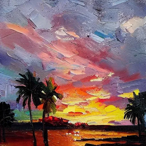 Prompt: a very very small island! woman!!! fireplace!! palm trees, dark very late evening cloudy sunset, dramatic and dynamic lighting, thick brush strokes oil impasto painting