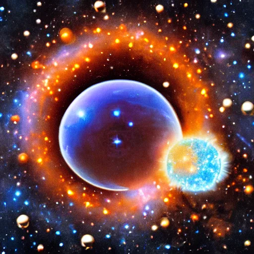 Image similar to army of balls with universes inside, hubble background, amazing, fire, 5 5 mm