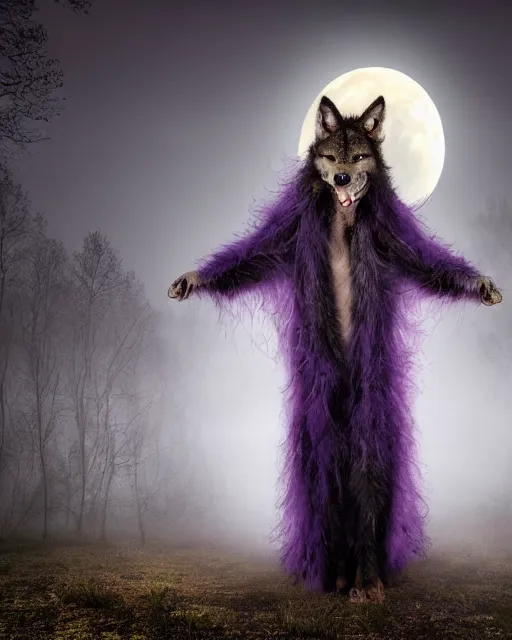 Image similar to Tall emaciated man wolf hybrid, covered in matted fur, he has yellow wolf eyes, a long bent rat like tail, long coyote like ears, and is Wearing a purple velvet cape and Top Hat, Atmospheric Full Moon, beautiful foggy Forrest, highly realistic, Rick Baker style, photoreal, photograph in the style of Annie Leibovitz, artstation