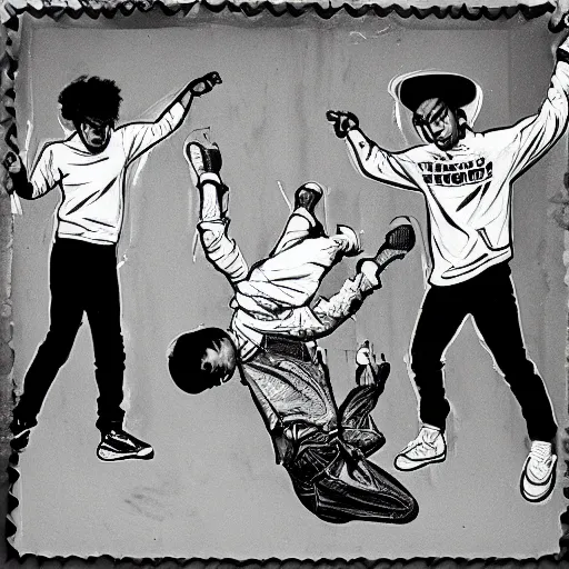 Image similar to four breakdancers battling in the bronx in 1984, by Andy Warhol, gritty, energetic, hyperrealistic, intricate, Moody lightning, trending on artstation