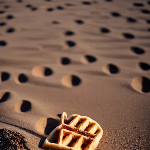 Prompt: an eggo waffle in the sand on the beach in san diego. sigma 5 5 mm. a bit of sand on the waffle. beautiful lighting