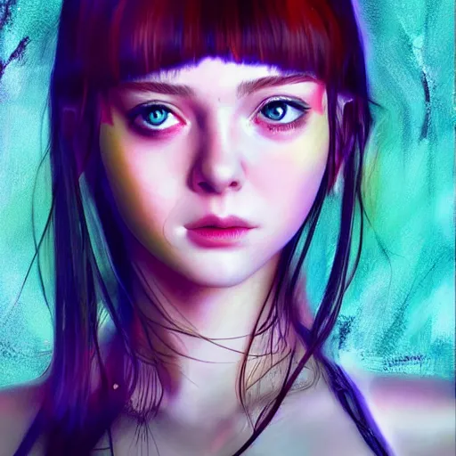 Image similar to a striking hyper real anime painting of Elle Fanning in the style of Ghost in the Shell