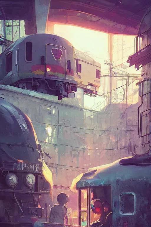 Image similar to trains covered in graffiti, greg rutkowski, and moebius and loish and artgerm, painterly, illustration, sunset lighting, beautiful artist rendering, gorgeous