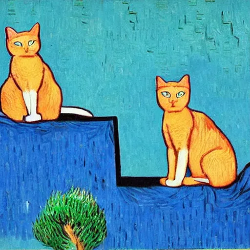 Prompt: two Siamese cats sitting on a windowsill with blue sky and trees in the style of van gogh