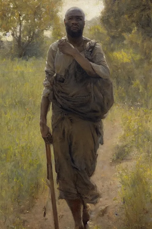 Image similar to Solomon Joseph Solomon and Richard Schmid and Jeremy Lipking painting full length portrait painting of a young man going to work in the field