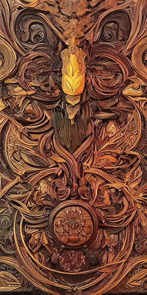 Image similar to intricate colorfully painted carved wood paneling, artificial intelligence mythology, artstation