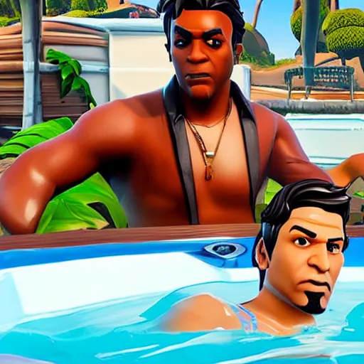 Prompt: scarface playing fortnite in his hottub