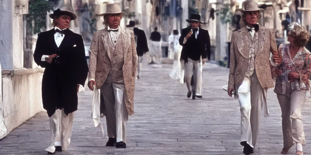 Image similar to a scene from a death in venice ( 1 9 7 1 ) of luchino visconti with burt lancaster walking. technicolor, cinematic, 5 0 mm, highly detailed, highly intricate, extremely realistic faces. technicolor!!!!, vivid colors, colorful, cinematic, highly detailed