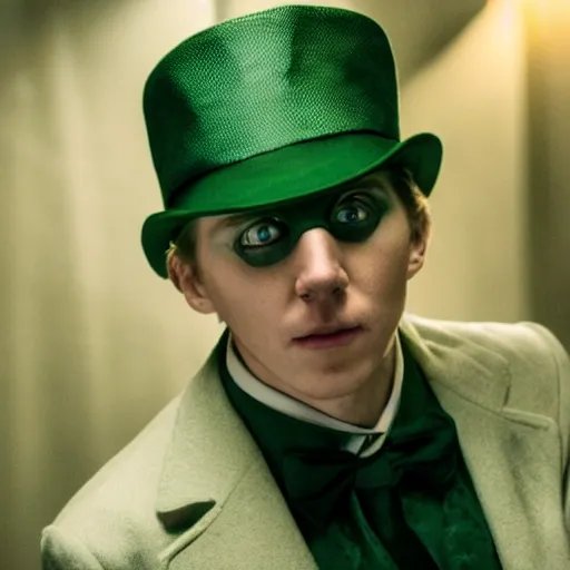 Image similar to film still of Paul Dano as Riddler in The Batman, 4k, dark lighting, film noir, grainy, dark tone