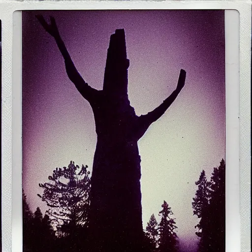 Image similar to a towering statue in a forest clearing reaching into the fog, night, old polaroid, expired film, megalophobia,