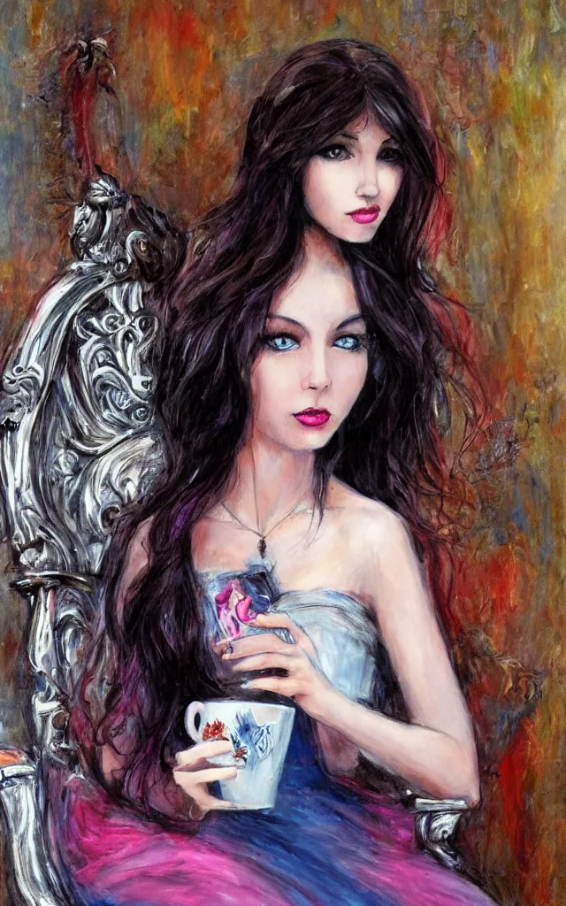 Image similar to beautiful young dark haired girl, with blue eyes, pink lips, dark eye shadow, lois royo style, dark princess of coffee, sitting on a throne drinking coffee.