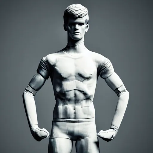 Image similar to a realistic detailed photo of a guy who is an attractive humanoid who is half robot and half humanoid, who is a male android, soccer player martin ødegaard, shiny skin, posing like a statue, blank stare, in a living room, on display, showing off his muscles