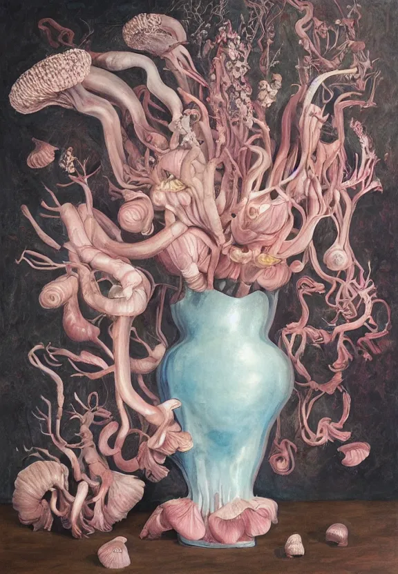 Prompt: a biomorphic painting of a vase with flowers and eyeballs in it, a surrealist painting by marco mazzoni, by dorothea tanning, pastel blues and pinks, pink oyster mushrooms, bees, featured on artstation, metaphysical painting, oil on canvas, fluid acrylic pour art, airbrush art, seapunk, rococo, lovecraftian