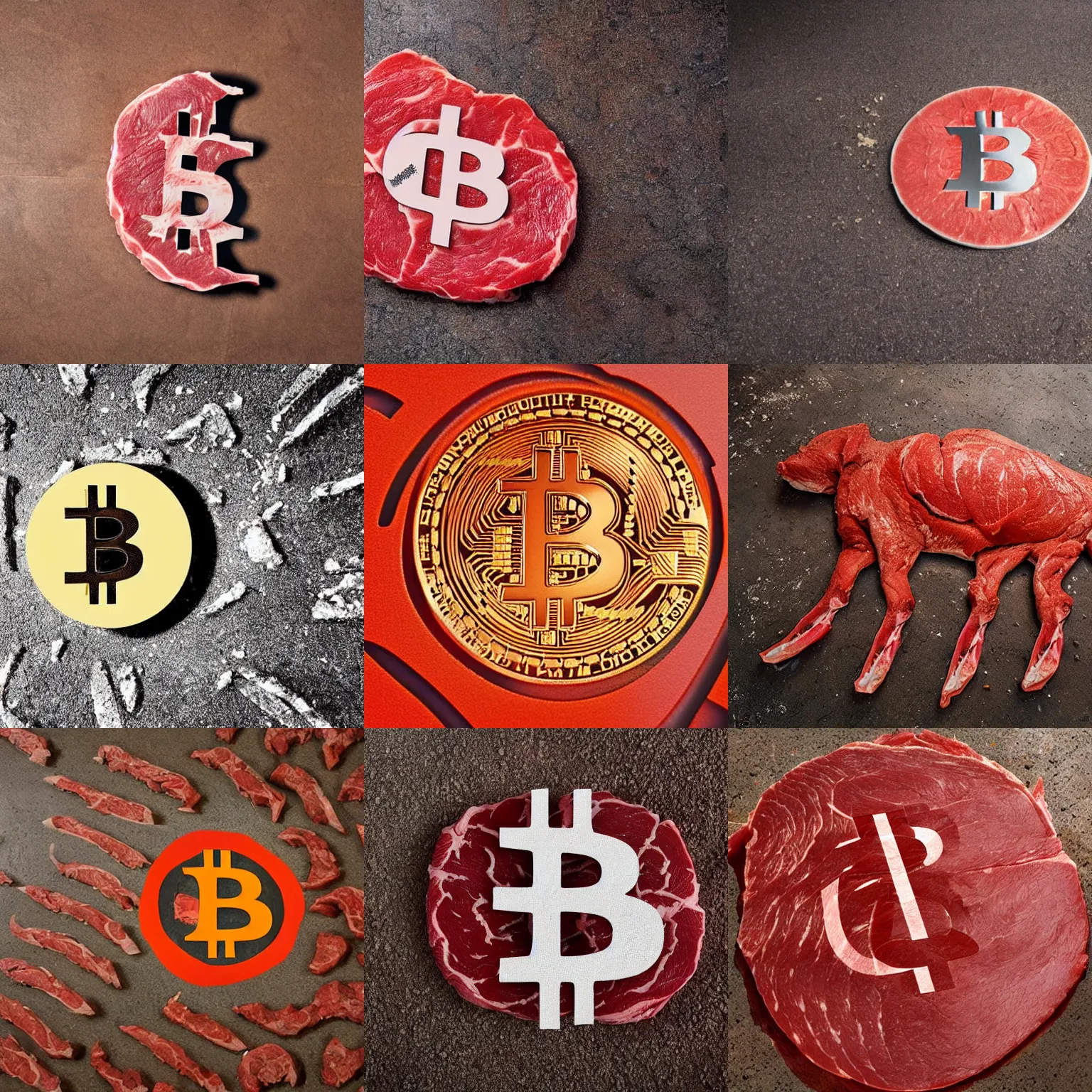 Prompt: bitcoin logo carved out from raw meat in butchery floor, real photo